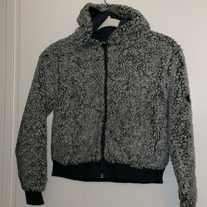 FURRY JACKET, gray, hooded, girl’s large , side pockets, Zella